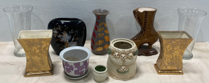 (1) Japanese Black Floral Vase, (2) Vintage Gold Square Vases & More!