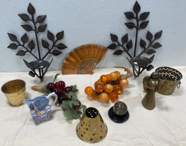 (2) Matching Wall Candle Holders, (1) Metal Fan Decor, (2) Vintage Grape Cluster, (1) Vintage Creamer Chair with Sleeping Cat and More&hellip;