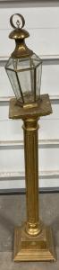 (1) Brass Alloy Candle Lantern and (1) Gold Colored Candle Stand