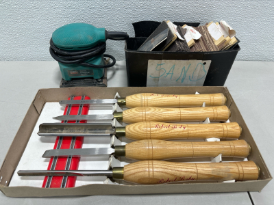 (1) Set of Robert Porby Wood Turning Tools (2) Palm Grip Finishing Sander & Box W/ Different Grit Sandpaper