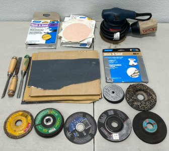 (1) Ryobi Orbital Sander W/ Sandpaper (1) Stack of Assorted Sandpaper (3) Wood Turning Tools and More&hellip;..