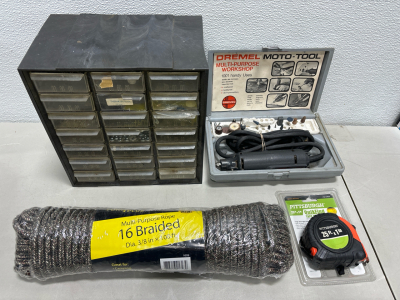 (1) set of 21 drawer hardware case (2) Dremel Tool W/ Bits (2) 25ft Tape measure & 16 Braided 100ft Rope