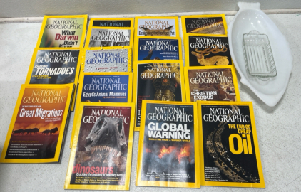 (23) National Geographic Magazines (1) Fish Bowl (1) Butter Dish