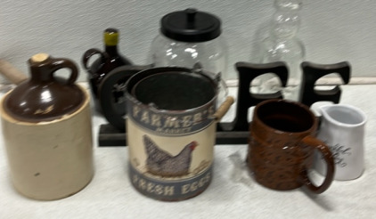 (1) Glass Dog Treat Jar (1). Brook-Field Jar (1). Brown Jar Bottle Old Moon Shine Bottle (1). Farmers Fresh Egg Bucket Bucket