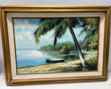 William R Stone 19th century. Boat By The Lake. Beautiful Oil Painting With a Nice Wood Frame