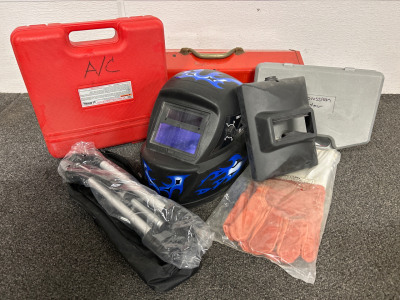 Metal Red Toolbox, Newlike Welding Helmet And Welding Gloves, Ravelli Tripod, Conpression Tester And A/C Manifold Gauge Set