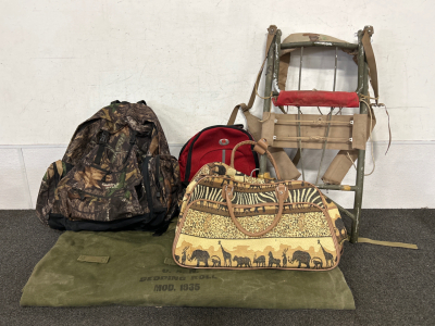 U.S.N. Canvas Bedding Roll, Safari Theme Hand Bag, Camo Backpack, Red Backpack And Hiking Pack