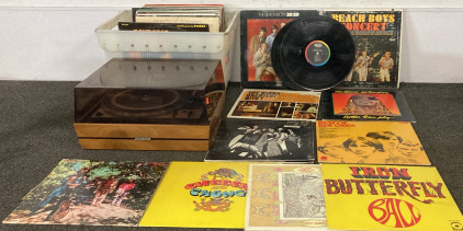 United Audio Record Player (Spins, No Needle) With Assorted Records Including Beach Boys, Bee Gees, Creedance Clearwater Revival, Alice Cooper Plus More!