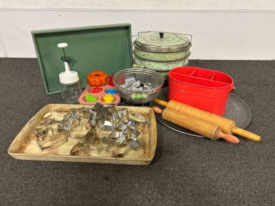 Vintage Kitchenware: Cookie Cutters, Rolling Pins, Pot With Lids, Stoneware Cookie Sheet And More