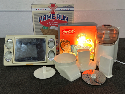 Vintage Light Up Coca Cola Sign, Sunbeam Oskar Food Processor, Light Up Mirror And Home Run Baseball Dice Game