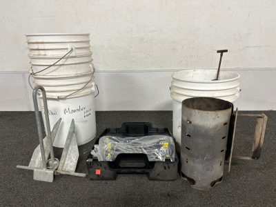 (4) Buckets, Boat Anchor, Tire Chains, Grease Gun And More