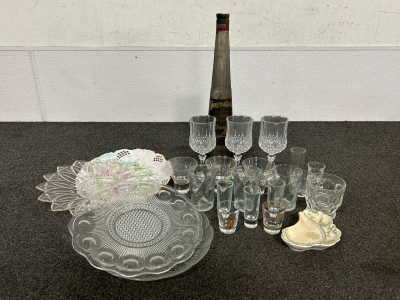 Vintage Plates, Glassware, Shot Glasses, And Liqueur Bottle