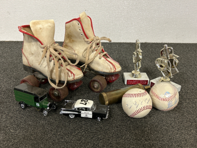 Pair Of Vintage Kids Skates, Signed Baseballs, Die Cast Cars And More