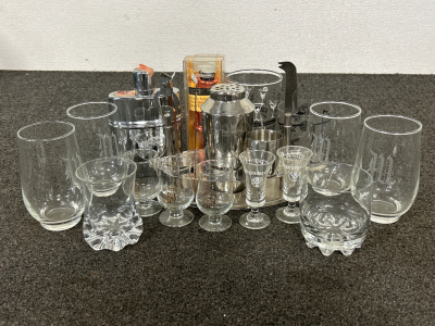 Drink Mixer Set, Shot Glasses,, Cocktail Glasses, And Cork Pop