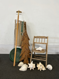 6-1/2' Pre-Lit Christmas Tree, Sea Shells, Wooden Chair, And Wooden Tree Decor