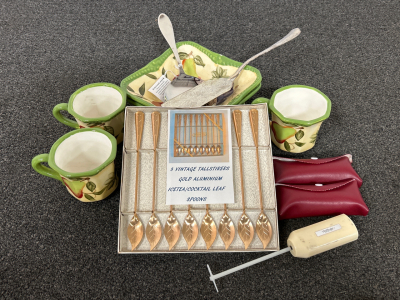 Vintage Set Of Gold Aluminium Cocktail Leaf Spoons, (3) Portable Drink Mixers, Pear Themed Plates And Cups, And Serving Utensils