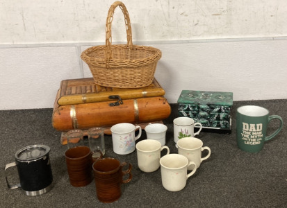 Vintage Split Bamboo Woven Storage Chest, Wooden Jewelry Box, Wicker Basket, (3) CorningWare Rose Bud Mugs, Two Ceramic Mugs, Dad Mug & More