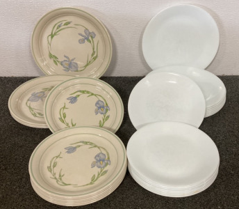 Set Of 11 Blue Flower Dinner & Salad Plates, Set Of 21 White Dinner & Salad Plates