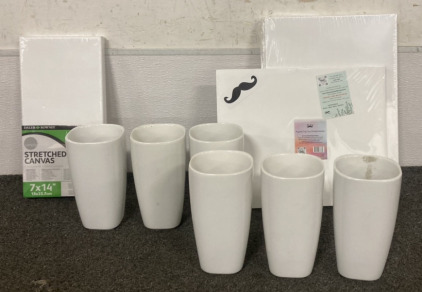 Six White Vases, Magnetic Dry Erase Monthly Calender, 2- 7x14” Stretched Canvas, 3- 16x12” Stretched Canvas