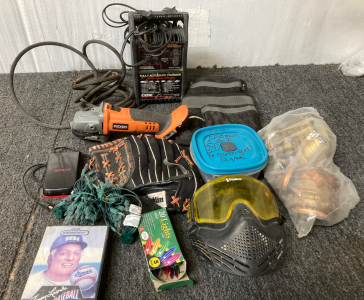 (1)Tommy Lasorda Baseball Case (SEGA Genesis) Authentic BOX (1)Exide Battery Charger 6/12 Volt 10/2/60amp(1)Ridgid R86040 18V Cordless 4-1/2" Angle Grinder &More