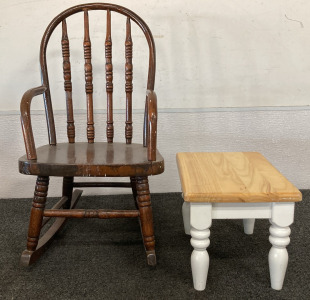 Antique Children’s Wooden Rocking Chair With Small Coffee Table