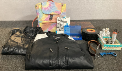 (2) Size Large Leather Jackets, Tie Dye Backpack, 40+ 45 RPM Vinyl Records And More