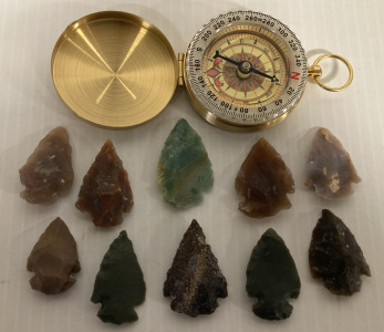 Brass Compass And Stone Arrowheads