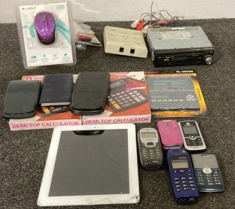 Boss 606C 40 Watt Audio System Car Stereo (unable to test), Verizon LG 3.0 Mega (turns on, needs wiped), 2nd Generation IPad (needs repair), Assorted Calculators, and More!