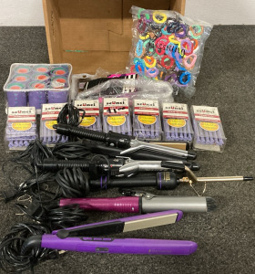 168 (7 Packs of 24) Scünci Perm Rods, Vacccum Sealed Bag of Hair Ties, 5 Assorted Size Curling Irons, 2 Straightners (Including Conair, Hot Tools Professional and More), Conair Heatless Curlers, Goody Hair Ties and More!