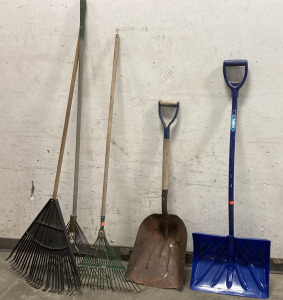 3 Different Sized Rakes, Yukon Snow Shovel, and Metal Scoop Shovel