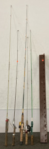 5 Fishing Rods, 2 Fishing Reels, and Coat Rack (44”)