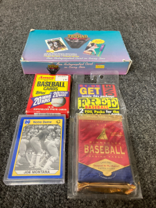 (1) Pinnacle Baseball Trading Cards (1) 1990 Notre Dame Football Cards (1)Topps 1989 Baseball Ames Collectors Factory Set(1)Tetras 1995