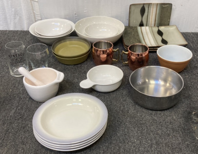 (4) Lilac Glow Stoneware Plates, (1) Vintage Pyrex Bowl, (4) Sango Ceramic Plates, (2) Arrow Stone Bowls, Grab It Corning Ware, (5) White Bowls & More