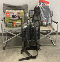 Pair of Fold Out Camper Chairs, 2 Pairs of Foot Tube Fins, Ozark Trail Queen Airbed With Removable Air Pump (Original Packaging), and Packing Frame