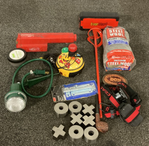 Hot Shot Cattle Prod (unable to test), EverStart Multifunction Jump Starter(unable to test), PacMan Plug And Play Game (Unable to test), Metal Tic Tac Toe Game, Latent Fingerprint Powder, Multi Grade Steel Wool and More!