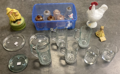 White Glass Chicken Dish, Rain Coat Children Music Box, Vintage Votive Cups, (3) Glass Trays, (4) Beer Mugs, (2) Vintage 1971 Short Glasses