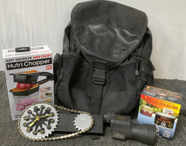 (1)Nutri Chopper (1)National Guard Black Leather Canvas Mesh Tactical backpack (1)HOTBEST Vintage Rotating Gear Clock(1) Burris Landmark 20X50MM Compact Spotting Scope (1) Firepot Solid Gel