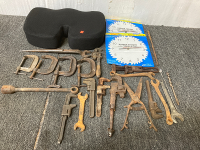 (4)Vintage C Clamps (2) Harbor Freight Tools- 10” Shop Clock (1)DMI Seat Cushion &More