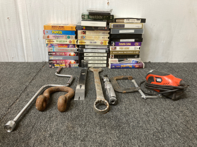 (37) Variety Classic Movies Including- Daniel Boone,Popeye ,Peter Pan (1) Black&Decker Vibration Mouse Sander/Polisher (1) Air Ratchet Wrench & More