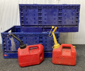 Two Red One Gallon Gas Jugs, Two Collapsible Blue Storage Containers