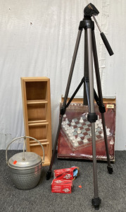 Wood Organizer Stand, Trikon Tripod, Two Fuel Injectors, Metal Pot, Imperial Crystal Chess Set