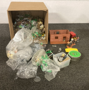 Box Full Of Assorted Miniature Battle Figurines and Football Players (Plastic, Metal)