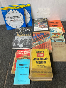 (2) Beatles Book (2) Harbor Freight Tools- 10&rdquo; Shop Clock (1) Glenn&rsquo;s 1967 Auto Repair Manual (1) Chiltons-Truck/Van Repair Manual 1979-1986 &More