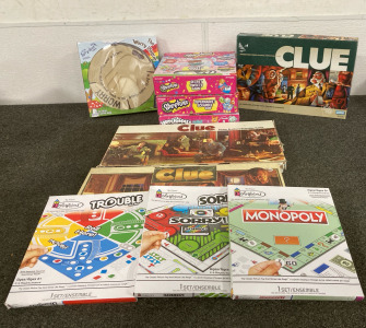 Boards Games- (3) Editions Of Clue; Colorforms Monopoly, Sorry And Trouble, Shopkins (One Box Has Figures Other Does Not)