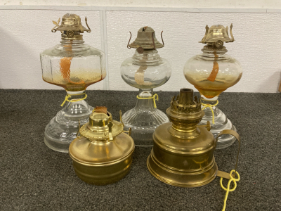 (3) Glass Hurricane Oil Lanterns, (2) Brass Hurricane Lanterns (No Globes)