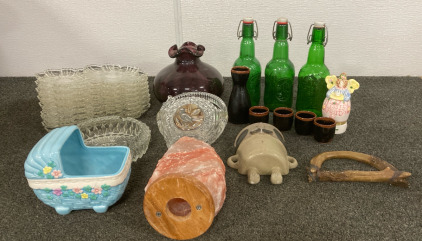 Vintage Grolsch Beer Bottles, Sake Vase And Cups, Salt Lamp Top, And More
