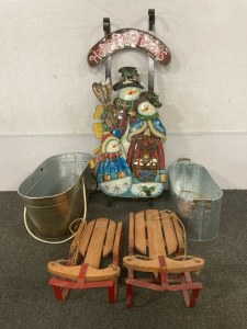 (2) Tin Basins, (2) Wood Sleds, Metal Snowman Door Hanging Decor