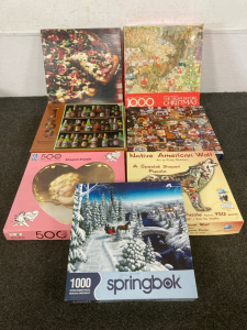 (7) Puzzles, Winter Scene, Native American Wolf, Something Brewing, Christmas Scene And More
