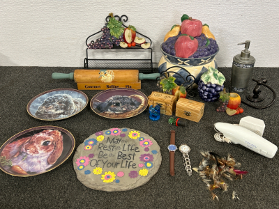 Fruit Themed Kitchen Decor, Collectible Rabbit Plates, Vintage Rolling Pin, Epilady Hair Removal Tool (Tested-Works) & More