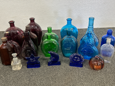 Vintage/Antique Glass Bottles In Various Shapes/Sizes/Design-Some With Historical Figures Such As Benjamin Franklin & Sun/Moon/Star Candle Holder